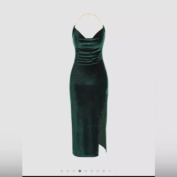Chain Halter Velvet Cowl Neck Slit Dress